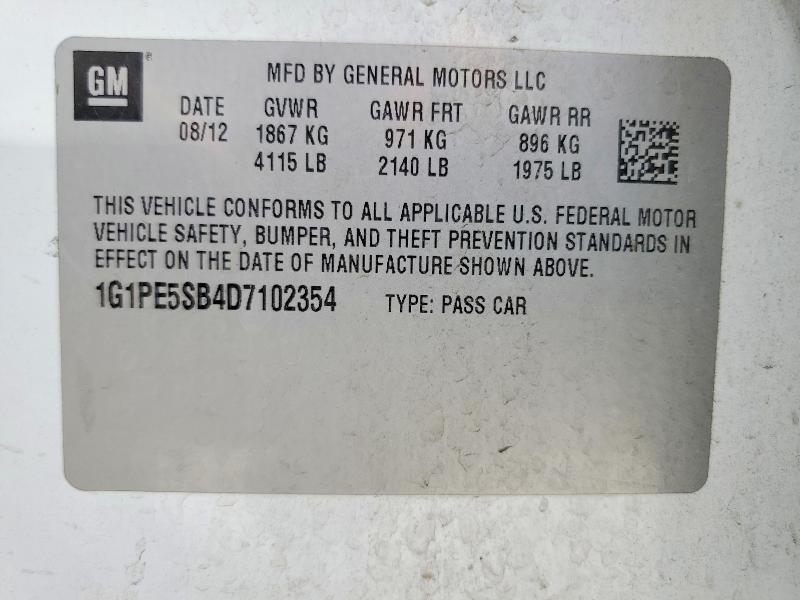 59962096 :رقم المزاد ، 1G1PE5SB4D7102354 vin ، 2013 Chevrolet Cruze مزاد بيع