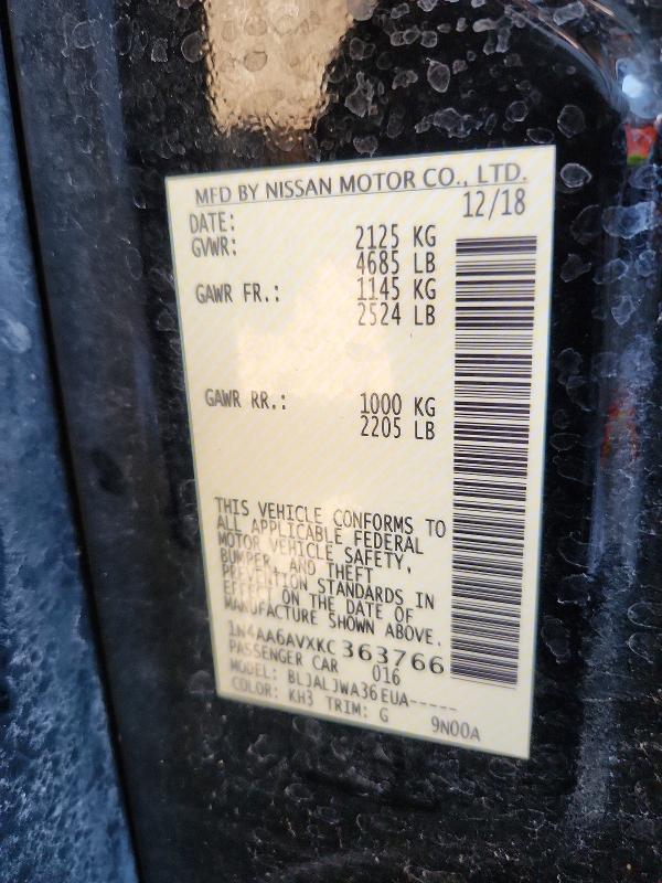 62881376 :رقم المزاد ، 1N4AA6AVXKC363766 vin ، 2019 Nissan Maxima مزاد بيع