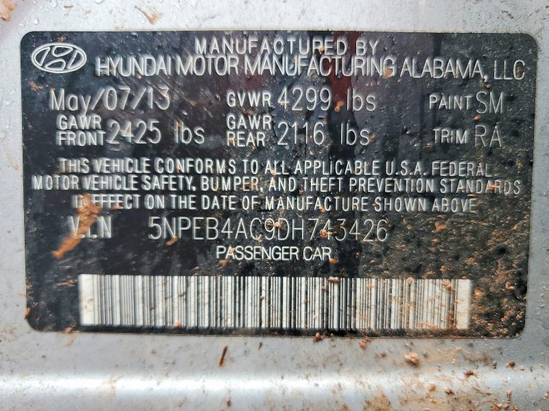 62170016 :رقم المزاد ، 5NPEB4AC9DH743426 vin ، 2013 Hyundai Sonata مزاد بيع