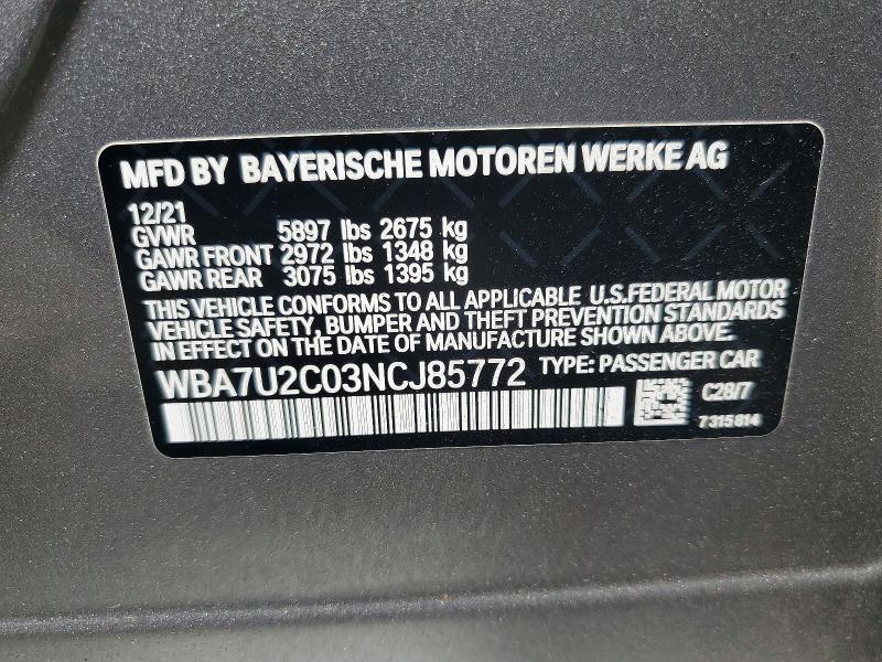 Продаж на аукціоні авто 2022 Bmw 750, vin: WBA7U2C03NCJ85772, номер лоту: 62877846
