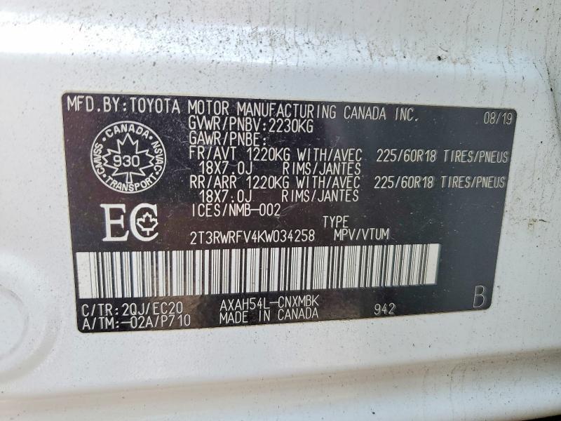 61778876 :رقم المزاد ، 2T3RWRFV4KW034258 vin ، 2019 Toyota Rav4 Hybrid مزاد بيع