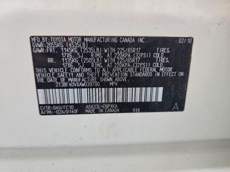 61923676 :رقم المزاد ، 2T3BF4DVXAW039700 vin ، 2010 Toyota Rav4 مزاد بيع