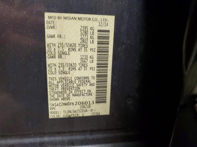 2015 Nissan Murano მანქანა იყიდება აუქციონზე, vin: 5N1AZ2MH0FN206013, აუქციონის ნომერი: 59799376