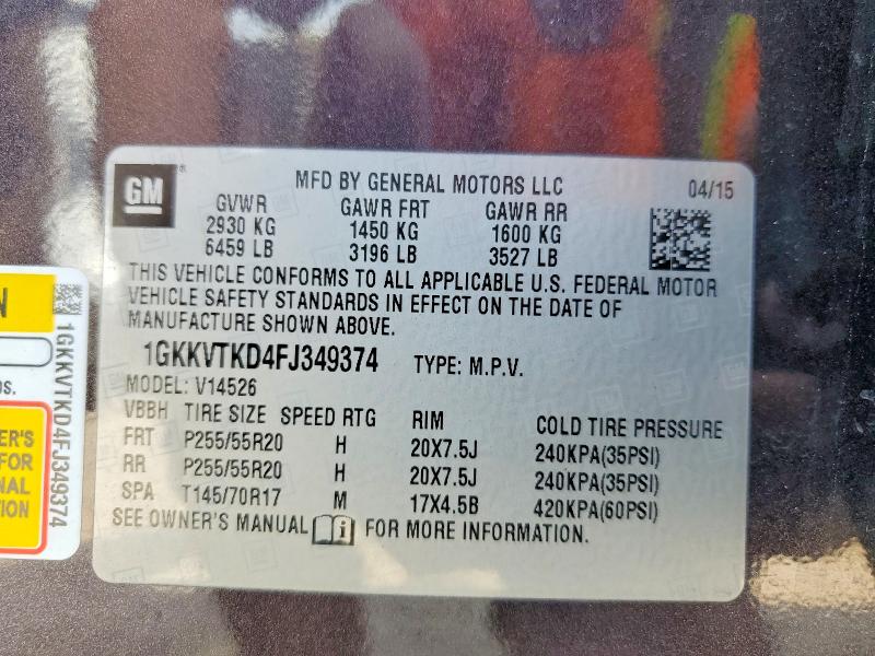 2015 Gmc Acadia მანქანა იყიდება აუქციონზე, vin: 1GKKVTKD4FJ349374, აუქციონის ნომერი: 59552656