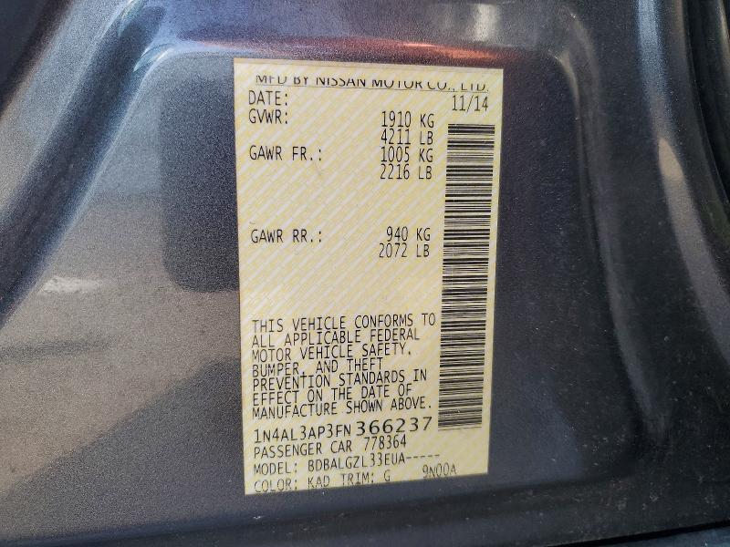63043246 :رقم المزاد ، 1N4AL3AP3FN366237 vin ، 2015 Nissan Altima مزاد بيع