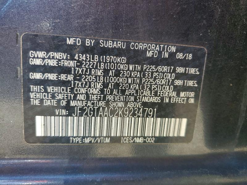 2019 Subaru Crosstrek მანქანა იყიდება აუქციონზე, vin: JF2GTAAC2K9234791, აუქციონის ნომერი: 62901326