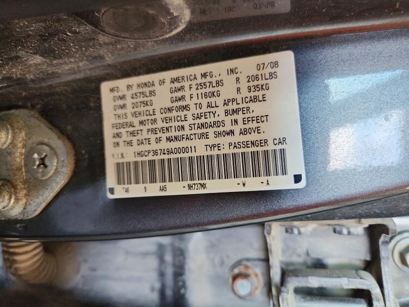 62264166 :رقم المزاد ، 1HGCP36749A000011 vin ، 2009 Honda Accord مزاد بيع