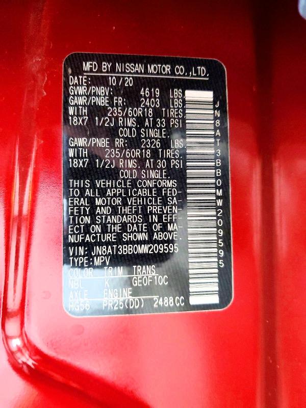2021 Nissan Rogue მანქანა იყიდება აუქციონზე, vin: JN8AT3BB0MW209595, აუქციონის ნომერი: 62495666