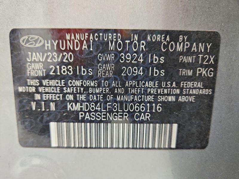 62431676 :رقم المزاد ، KMHD84LF3LU066116 vin ، 2020 Hyundai Elantra مزاد بيع