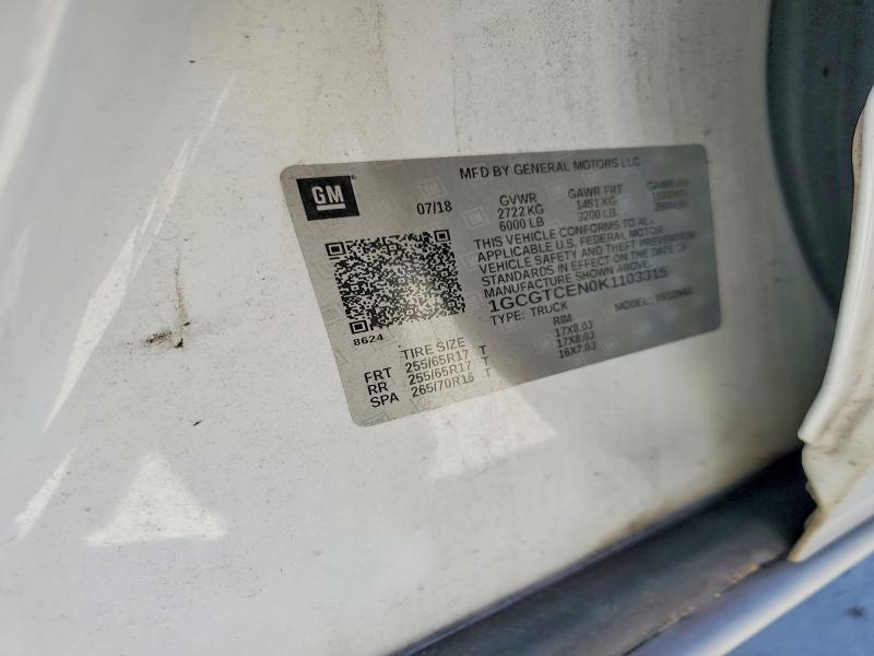 Aukcja sprzedaży 2019 Chevrolet Colorado, vin: 1GCGTCEN0K1103315, numer aukcji: 62413836