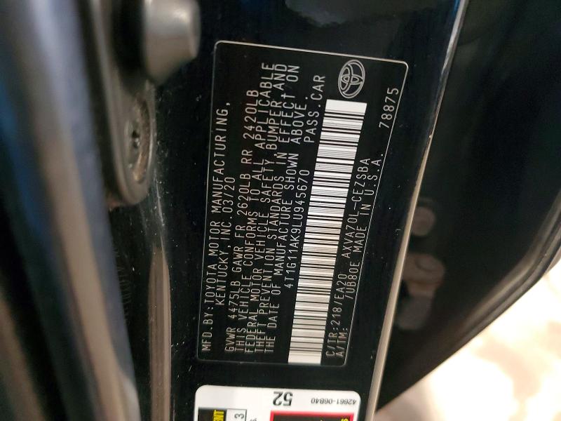 Продаж на аукціоні авто 2020 Toyota Camry, vin: 4T1G11AK9LU945670, номер лоту: 61535886