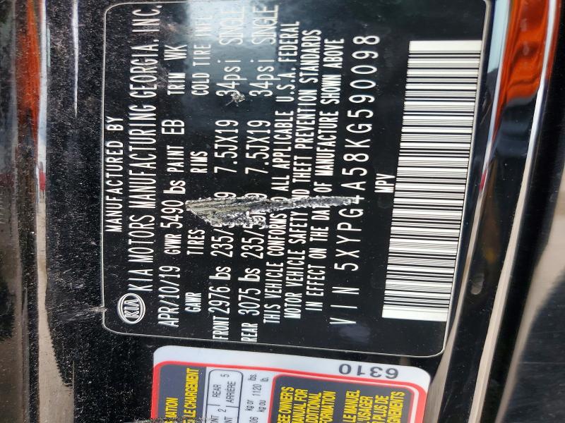 2019 Kia Sorento მანქანა იყიდება აუქციონზე, vin: 5XYPG4A58KG590098, აუქციონის ნომერი: 60605146