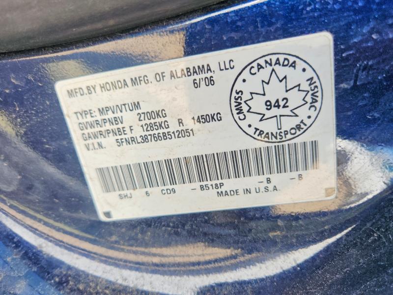 2006 Honda Odyssey მანქანა იყიდება აუქციონზე, vin: 5FNRL38766B512051, აუქციონის ნომერი: 60928496