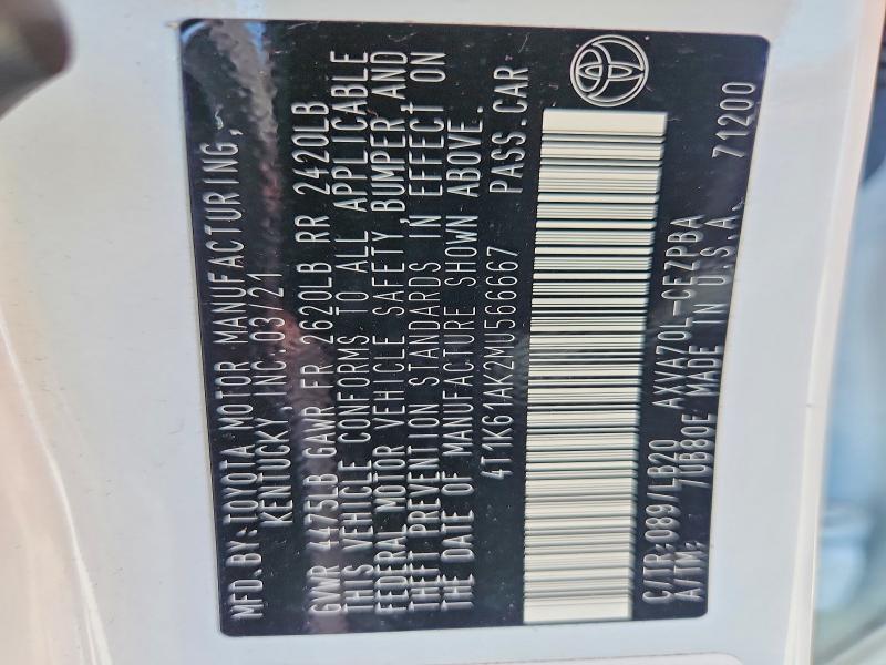 Auction sale of the 2021 Toyota Camry, vin: 4T1K61AK2MU566667, lot number: 60948026