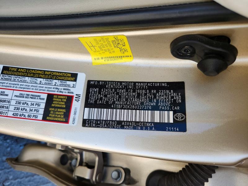 Продажа на аукционе авто 2011 Toyota Camry, vin: 4T1BF3EK2BU227376, номер лота: 62348656