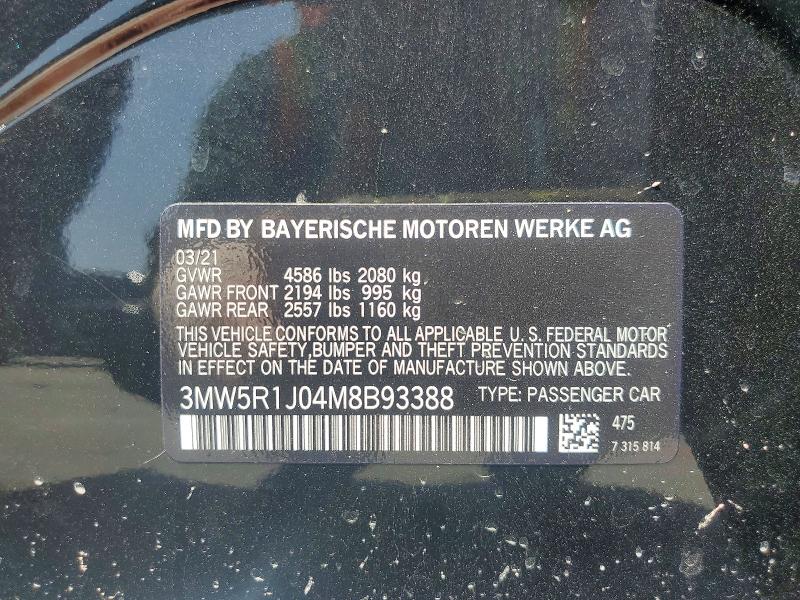 2021 Bmw 330i მანქანა იყიდება აუქციონზე, vin: 3MW5R1J04M8B93388, აუქციონის ნომერი: 60892486