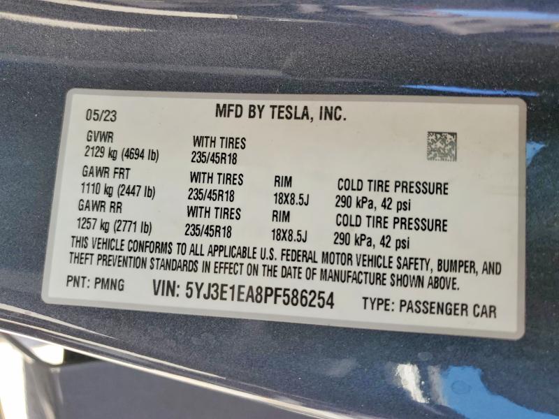 Продажа на аукционе авто 2023 Tesla Model 3, vin: 5YJ3E1EA8PF586254, номер лота: 62872726