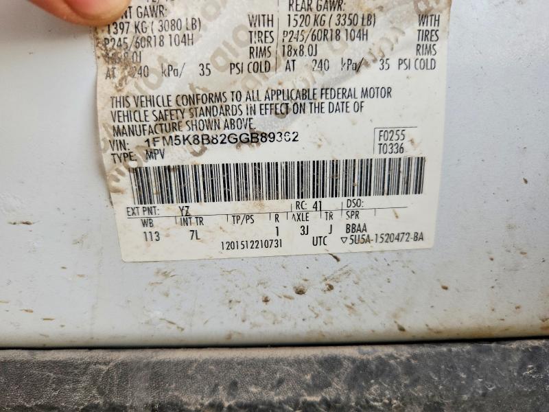 63297786 :رقم المزاد ، 1FM5K8B82GGB89362 vin ، 2016 Ford Explorer مزاد بيع