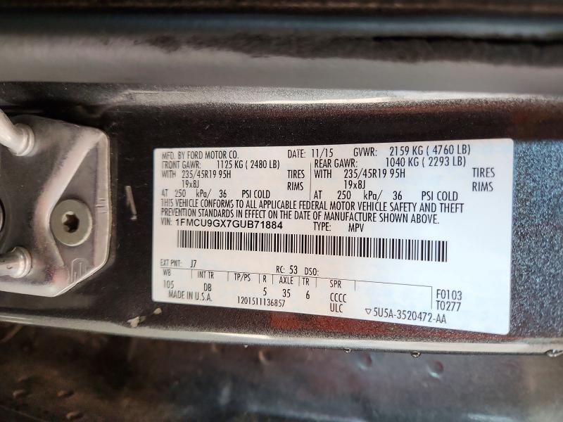 Продаж на аукціоні авто 2016 Ford Escape, vin: 1FMCU9GX7GUB71884, номер лоту: 60482806
