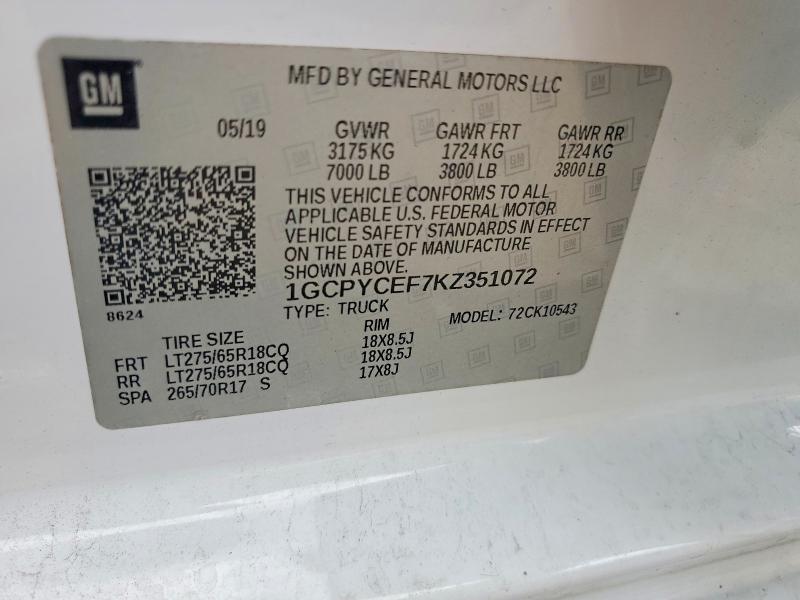 Продажа на аукционе авто 2019 Chevrolet Silverado, vin: 1GCPYCEF7KZ351072, номер лота: 60209086