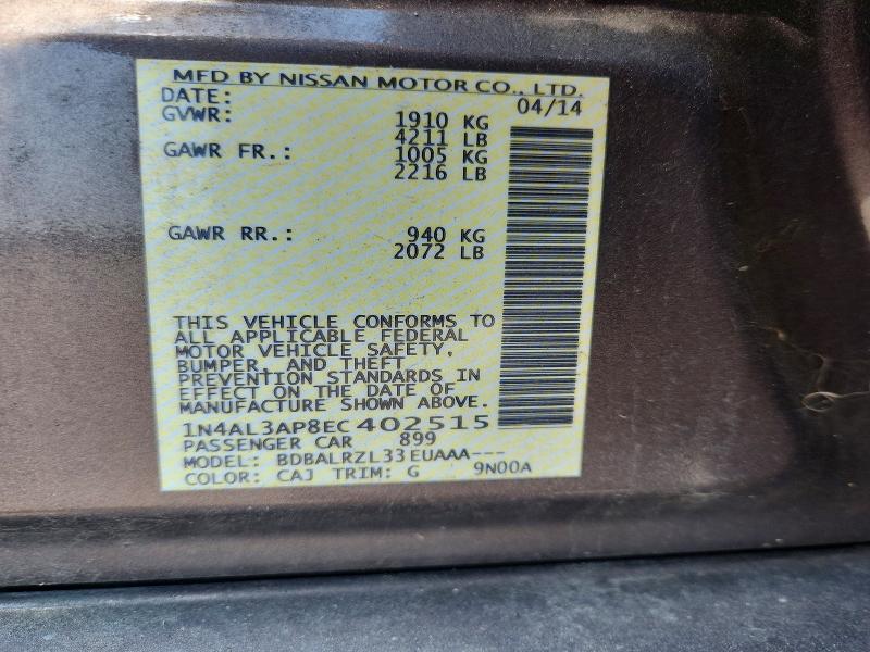 Aukcja sprzedaży 2014 Nissan Altima, vin: 1N4AL3AP8EC402515, numer aukcji: 59218306