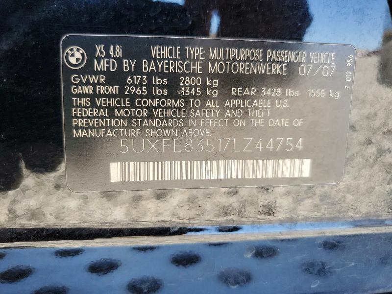 Aukcja sprzedaży 2007 Bmw X5, vin: 5UXFE83517LZ44754, numer aukcji: 62113336