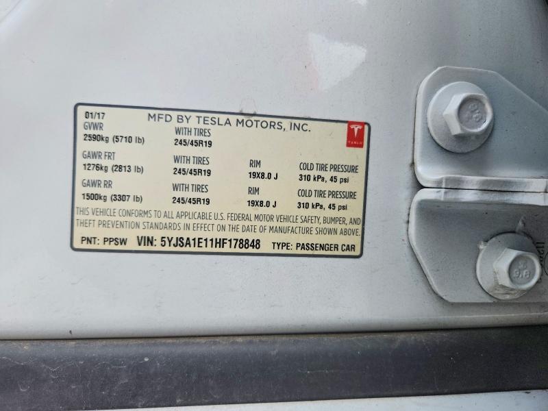 2017 Tesla Model S მანქანა იყიდება აუქციონზე, vin: 5YJSA1E11HF178848, აუქციონის ნომერი: 61217306