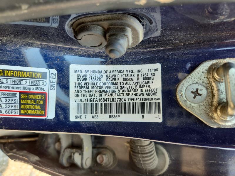61206776 :رقم المزاد ، 1HGFA16847L027304 vin ، 2007 Honda Civic مزاد بيع