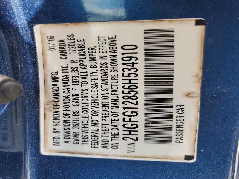 Aukcja sprzedaży 2006 Honda Civic, vin: 2HGFG12856H534910, numer aukcji: 59997646