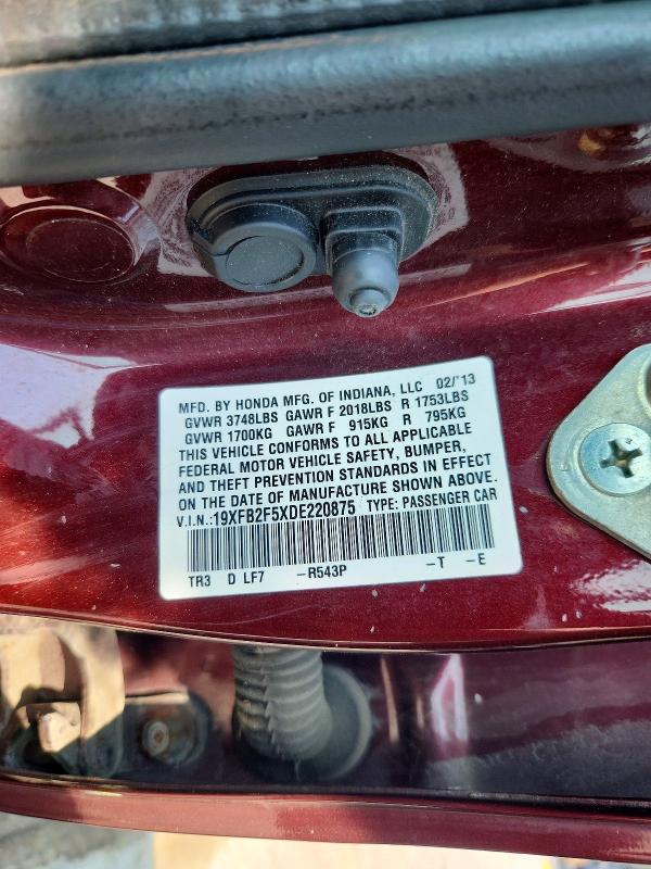 60623756 :رقم المزاد ، 19XFB2F5XDE220875 vin ، 2013 Honda Civic مزاد بيع