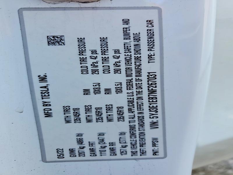 Aukcja sprzedaży 2022 Tesla Model 3, vin: 5YJ3E1EB7NF267031, numer aukcji: 61637796