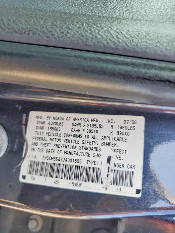 Aukcja sprzedaży 2007 Honda Accord, vin: 1HGCM56467A001555, numer aukcji: 59367406