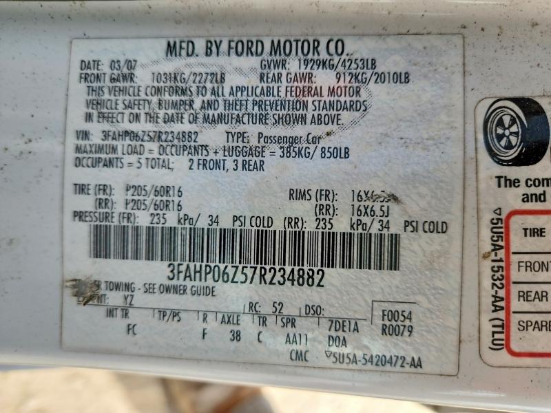 63178556 :رقم المزاد ، 3FAHP06Z57R234882 vin ، 2007 Ford Fusion مزاد بيع