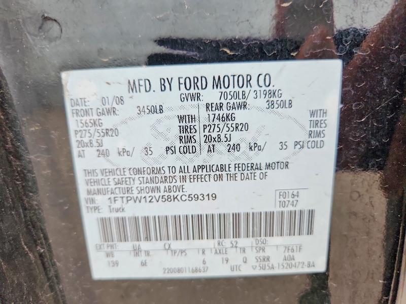 61287256 :رقم المزاد ، 1FTPW12V58KC59319 vin ، 2008 Ford F150 مزاد بيع