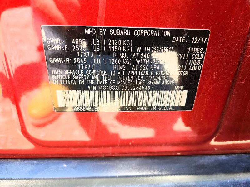 2018 Subaru Outback მანქანა იყიდება აუქციონზე, vin: 4S4BSAFC9J3284640, აუქციონის ნომერი: 63436236