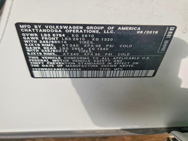 Продаж на аукціоні авто 2019 Volkswagen Atlas, vin: 1V2WR2CA9KC584639, номер лоту: 62592436