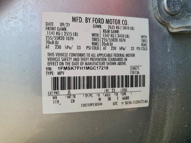Продажа на аукционе авто 2021 Ford Explorer, vin: 1FMSK7FH1MGC17218, номер лота: 59395596