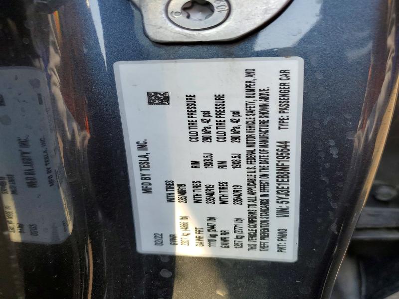2022 Tesla Model 3 მანქანა იყიდება აუქციონზე, vin: 5YJ3E1EB8NF195644, აუქციონის ნომერი: 59846656