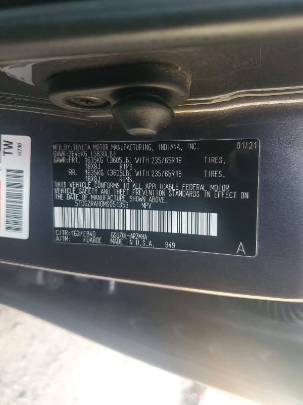 61197346 :رقم المزاد ، 5TDGZRAH0MS051353 vin ، 2021 Toyota Highlander مزاد بيع
