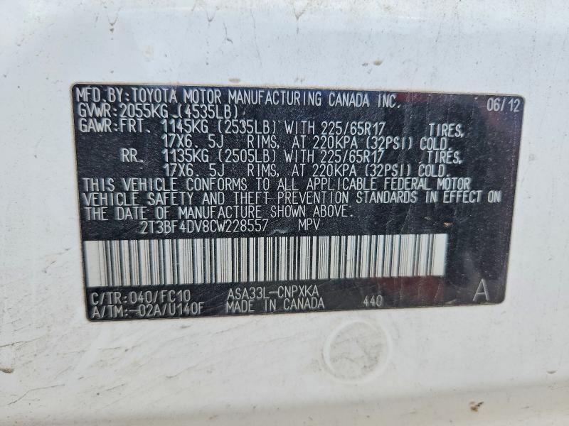 Продаж на аукціоні авто 2012 Toyota Rav4, vin: 2T3BF4DV8CW228557, номер лоту: 59793416