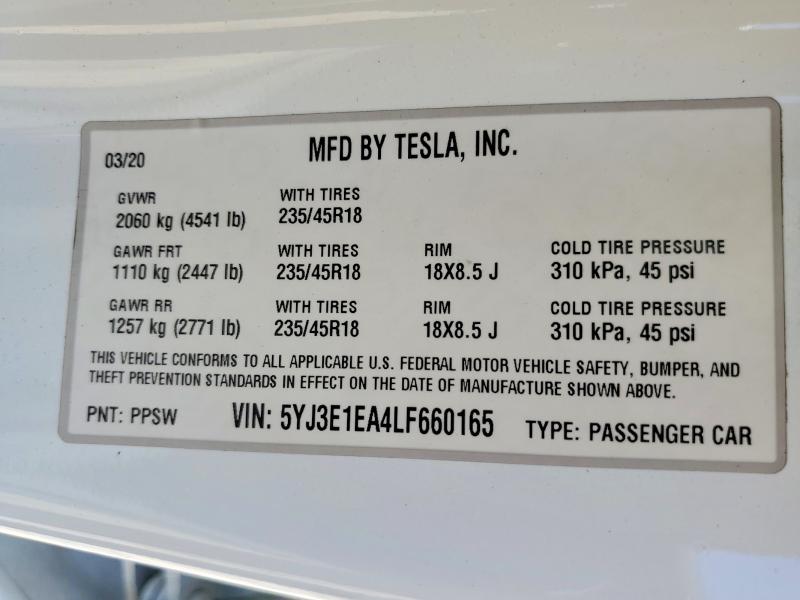 Auction sale of the 2020 Tesla Model 3, vin: 5YJ3E1EA4LF660165, lot number: 60498346