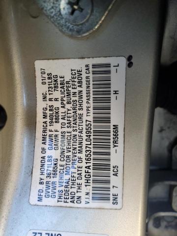 2007 Honda Civic მანქანა იყიდება აუქციონზე, vin: 1HGFA16537L049557, აუქციონის ნომერი: 62203726