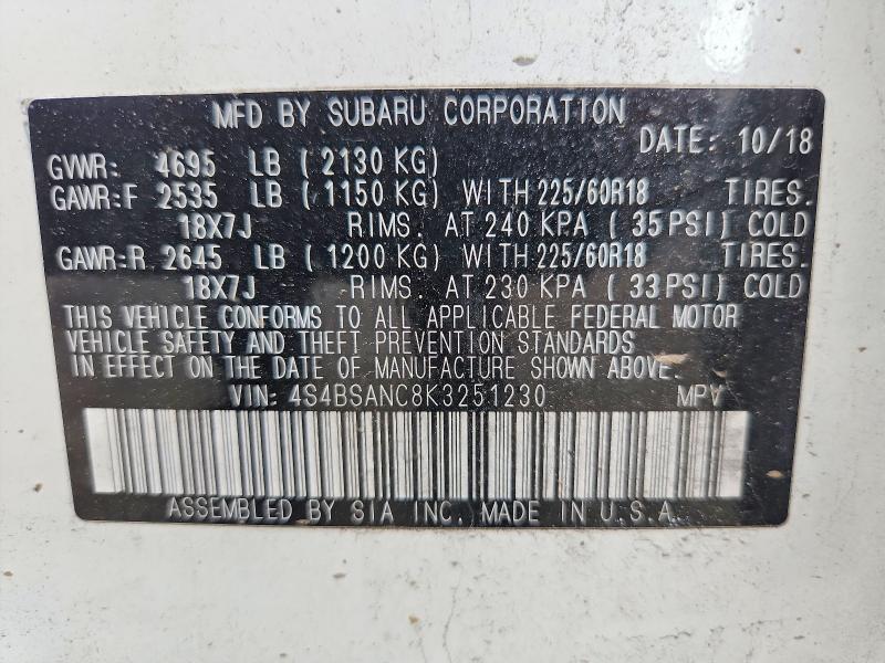 Aukcja sprzedaży 2019 Subaru Outback, vin: 4S4BSANC8K3251230, numer aukcji: 59321156