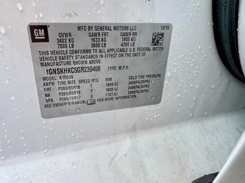 2016 Chevrolet Suburban მანქანა იყიდება აუქციონზე, vin: 1GNSKHKC5GR239498, აუქციონის ნომერი: 62397316