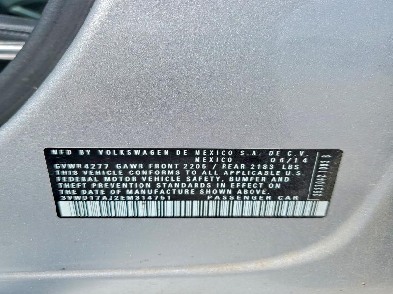 2014 Volkswagen Jetta მანქანა იყიდება აუქციონზე, vin: 3VWD17AJ2EM314751, აუქციონის ნომერი: 60174816