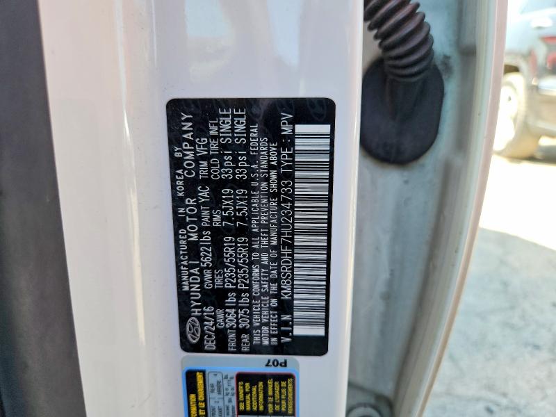 2017 Hyundai Santa Fe მანქანა იყიდება აუქციონზე, vin: KM8SRDHF7HU234733, აუქციონის ნომერი: 85450415