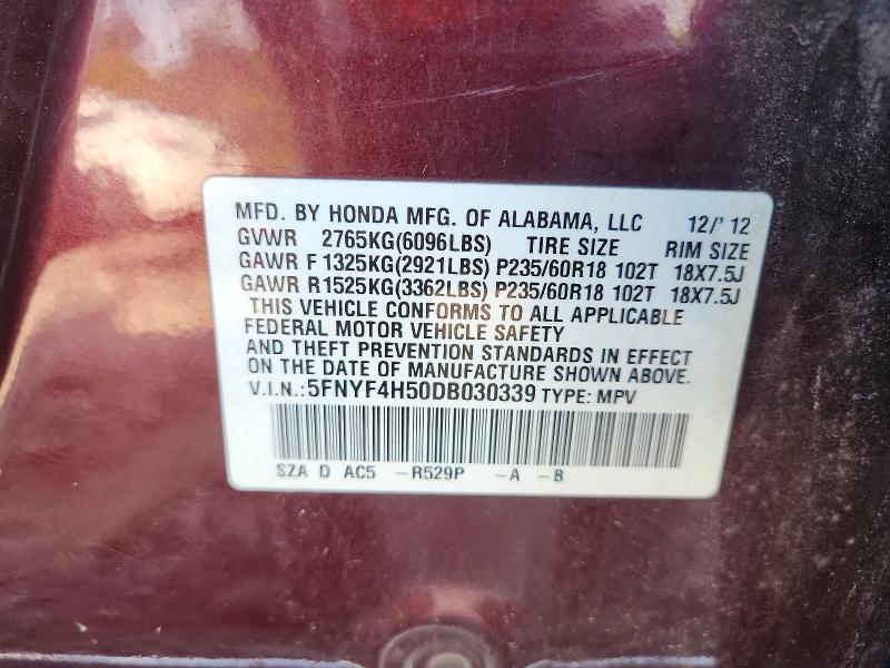60802666 :رقم المزاد ، 5FNYF4H50DB030339 vin ، 2013 Honda Pilot مزاد بيع