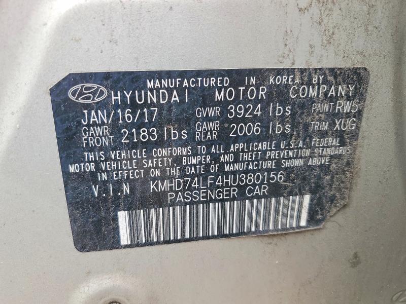 2017 Hyundai Elantra მანქანა იყიდება აუქციონზე, vin: KMHD74LF4HU380156, აუქციონის ნომერი: 62667776