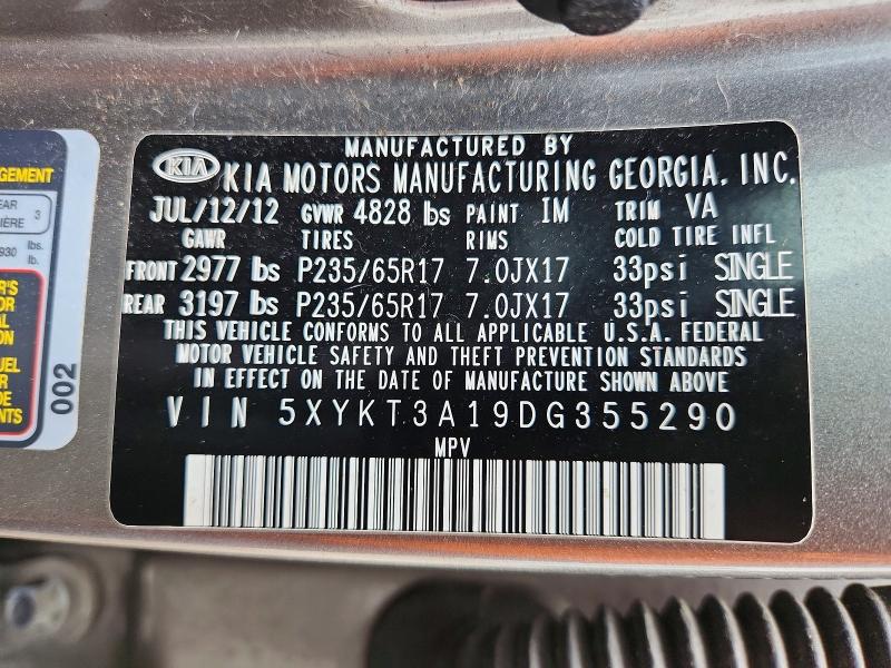 62386966 :رقم المزاد ، 5XYKT3A19DG355290 vin ، 2013 Kia Sorento مزاد بيع