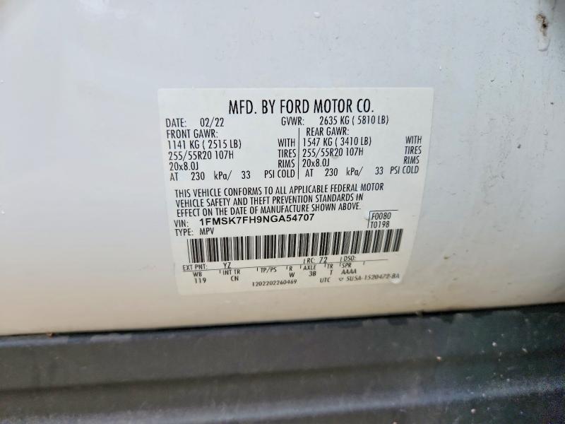 Продажа на аукционе авто 2022 Ford Explorer, vin: 1FMSK7FH9NGA54707, номер лота: 59732106